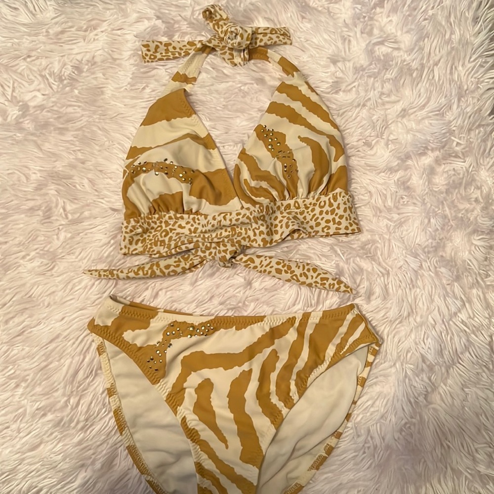 Cute resort style swim suit - cream and tan animal print with little rhinestones